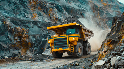 Hauling ore in a huge dump truck over the terraced paths of a deep open pit mine. The concept of developing a deposit of something. Large-scale mining operations. Illustration for varied design.