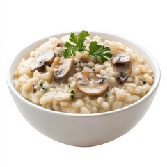 A hearty bowl of creamy mushroom risotto with parmesan cheese, isolated white background, retro art style