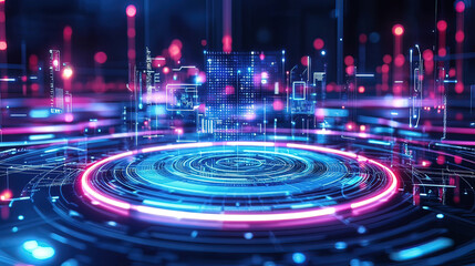 Holographic communication system displaying a 3D call, glowing neon beams of light, sleek industrial setting
