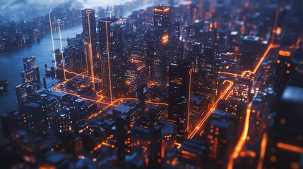 Fototapeta premium Smart digital Innovation city with connection network reciprocity over the twilight cityscape. of future smart wireless digital city and social media networking systems that connects people with city