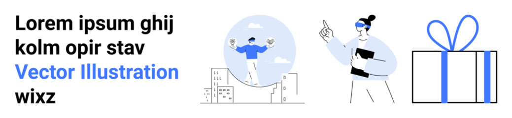 Professional holding documents pointing, person celebrating success with trophy on pedestal, large gift box. Ideal for business success, motivation, gifting, achievement, celebration, goals rewards