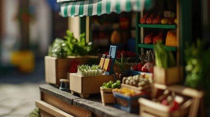A colorful fruit and vegetable stand on a bustling city street, ideal for use in scenes about urban markets or daily life