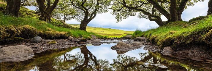 A tranquil landscape featuring lush green trees and a serene stream reflecting the sky, creating a peaceful and harmonious atmosphere. timberland background