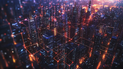 Fototapeta premium Smart digital Innovation city with connection network reciprocity over the twilight cityscape. of future smart wireless digital city and social media networking systems that connects people with city