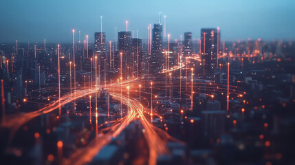 Fototapeta premium Smart digital Innovation city with connection network reciprocity over the twilight cityscape. of future smart wireless digital city and social media networking systems that connects people with city