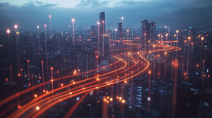 Fototapeta premium Smart digital Innovation city with connection network reciprocity over the twilight cityscape. of future smart wireless digital city and social media networking systems that connects people with city