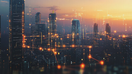 Fototapeta premium Smart digital Innovation city with connection network reciprocity over the twilight cityscape. of future smart wireless digital city and social media networking systems that connects people with city