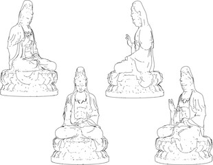 Vector sketch illustration of traditional wisdom goddess statue decoration design giving blessing on lotus leaf 