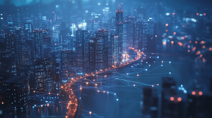 Obraz premium Smart digital Innovation city with connection network reciprocity over the twilight cityscape. of future smart wireless digital city and social media networking systems that connects people with city