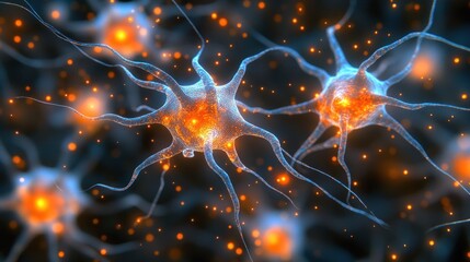 Abstract 3D illustration of two neurons firing.