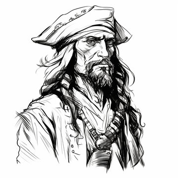 Pirate in a cocked hat, portrait, old, angle view, isolated on a white background, simple black and white sketch, icon, minimalism, close-up, concept