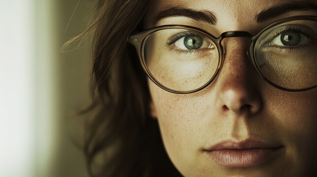 Close up portrait of a young woman wearing eyeglasses, highlighting her beautiful eyes, clear vision, and healthy eyesight, emphasizing the importance of eye care and regular checkups