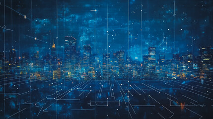 Smart digital Innovation city with connection network reciprocity over the twilight cityscape. of future smart wireless digital city and social media networking systems that connects people with city