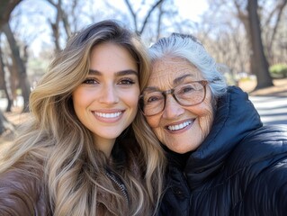 Obraz premium Portrait of a middle-aged granddaughter and her elderly grandmother posing together in a city park, symbolizing family bonds, generations, and shared moments outdoors.