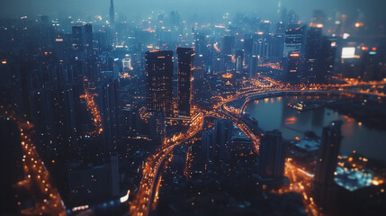 Obraz premium Smart digital Innovation city with connection network reciprocity over the twilight cityscape. of future smart wireless digital city and social media networking systems that connects people with city