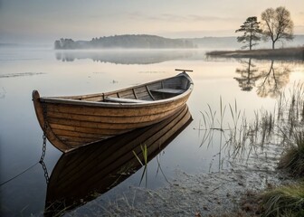 Obraz premium Serene Misty Lake with Solitary Wooden Boat Reflection