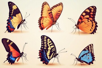 A cluster of colorful butterflies perched on a flat surface