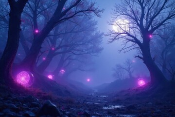 Icy misty foggy atmosphere with glowing purple orbs and skeletal branches, purple,