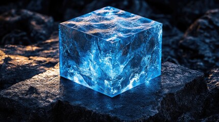 Abstract 3D composition of overlapping and floating cubes in various shades of blue,