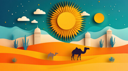 India illustration, Vibrant desert landscape featuring a sun, camel, and stylized cacti in a colorful paper art design.