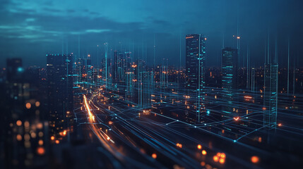 Fototapeta premium Smart digital Innovation city with connection network reciprocity over the twilight cityscape. of future smart wireless digital city and social media networking systems that connects people with city