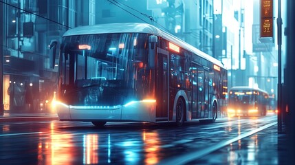 Fototapeta premium Electric bus on a quiet city street, green technology design, minimalist and modern 