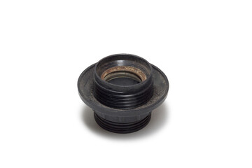 lampholder. Vintage electric lamp socket, black phenolic threaded shell with shade ring, without socket base, rusty inner metal thread. isolated on white background, with clipping path