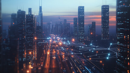 Fototapeta premium Smart digital Innovation city with connection network reciprocity over the twilight cityscape. of future smart wireless digital city and social media networking systems that connects people with city