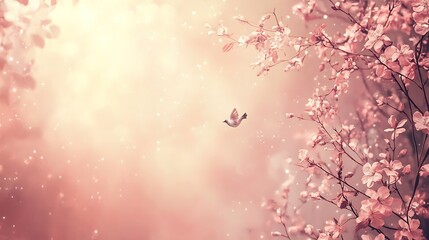 Fototapeta premium A single bird flies amidst blossoming pink flowers