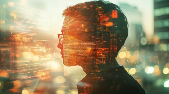 Hacker programmer using computer with abstract html code. Safety and programming concept. Double exposure