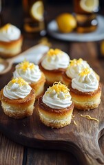 Golden-brown mini cheesecakes infused with brown sugar, served with whipped cream and a dash of lemon zest, perfect for a dessert platter