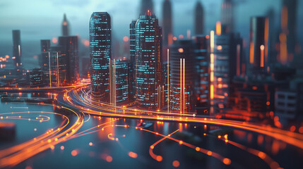 Fototapeta premium Smart digital Innovation city with connection network reciprocity over the twilight cityscape. of future smart wireless digital city and social media networking systems that connects people with city