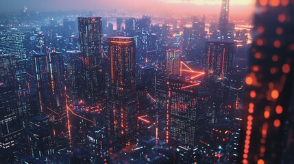 Fototapeta premium Smart digital Innovation city with connection network reciprocity over the twilight cityscape. of future smart wireless digital city and social media networking systems that connects people with city