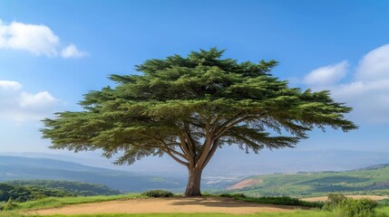 Fototapeta premium Majestic cedar of lebanon tree stands tall on hilltop. Rich green foliage spreads wide embracing sky. Scenic view of valley with gentle hills, distant city visible beneath tree. Outdoor natural scene