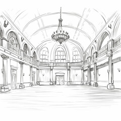 Royal hall, interior of the palace, icon, simple black and white sketch, isolated on a white background, without people, picture, image for printing on a T-shirt, luxury, palace, travel, vacation