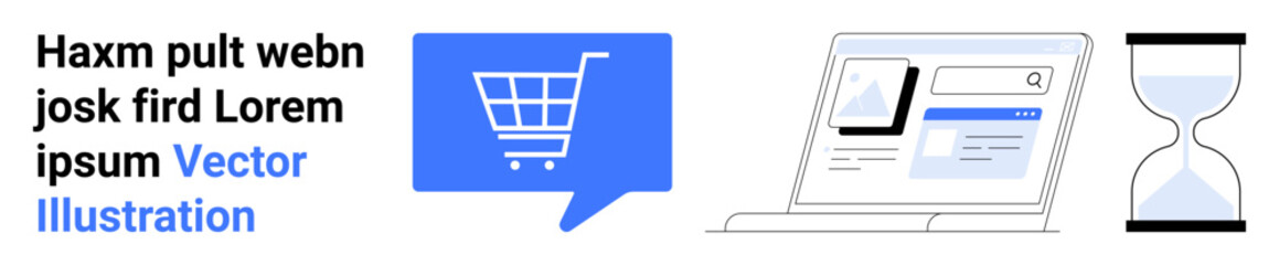 Blue shopping cart icon, website design on a laptop, and hourglass. Ideal for online shopping, E-commerce, web design, time management, marketing strategies, digital sales, UXUI design. Landing page