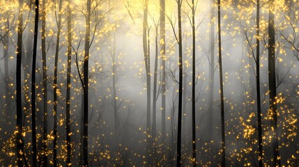 Fototapeta premium Golden forest mist Golden forest landscape, misty gray backdrop, black trees with golden light highlights.