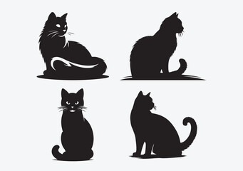 Black Cat Silhouettes Set – Four Elegant Sitting and Posing Cats, Minimal Animal Icons for Logo Sticker Decal and T Shirt, Clean Vector Clipart on Light Background