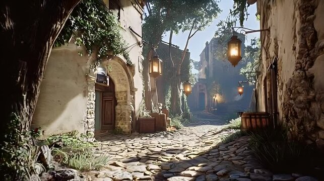 Sunlit cobblestone alleyway, medieval village, morning light, background ruins, game asset