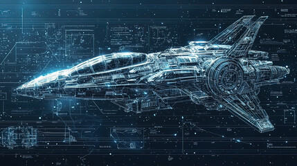 Holographic blueprint of a futuristic spacecraft, floating mid-air, glowing light beams illuminating intricate mechanics