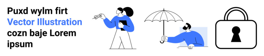 Business person with a pen and tablet, man holding an umbrella, and padlock. Ideal for business strategy, protection, security, planning, privacy weather protection and data encryption. Landing