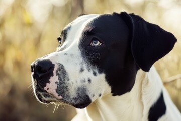 A close-up shot of a black and white dog's face, showcasing its fur texture and facial features