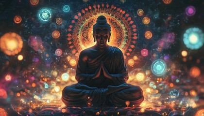 Meditating Buddha in a cosmic setting, surrounded by glowing orbs and mandala