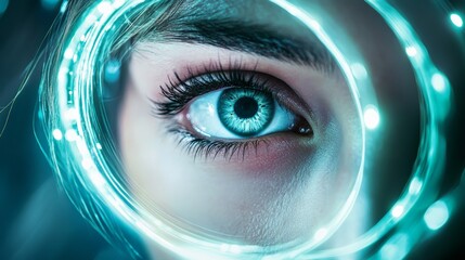 Close up of a woman's eye, framed by swirling, glowing neon circles, creates a futuristic concept of vision and technological enhancement