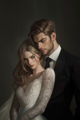 A romantic portrait of a bride and groom, showcasing elegance and intimacy, with the couple embracing in formal attire against a dark backdrop.