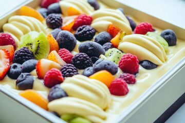 A colorful arrangement of fresh fruits on a table, perfect for snacking or as a centerpiece