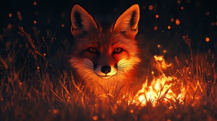 A red fox creeping through tall grass illuminated by a glowing campfire nearby