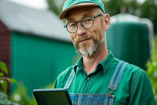A middle-aged Caucasian man in green overalls and a cap smiles while holding a tablet in a lush garden setting. advanced farming