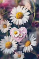 Fototapeta premium A beautiful pink heart surrounded by flowers and daisies, perfect for Valentine's Day or spring-themed designs