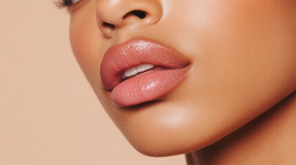 Obraz premium Close up of beautiful full lips of a young woman highlighting lip augmentation, cosmetology, dentistry, and makeup artistry, showcasing perfect teeth and plump, glossy lips